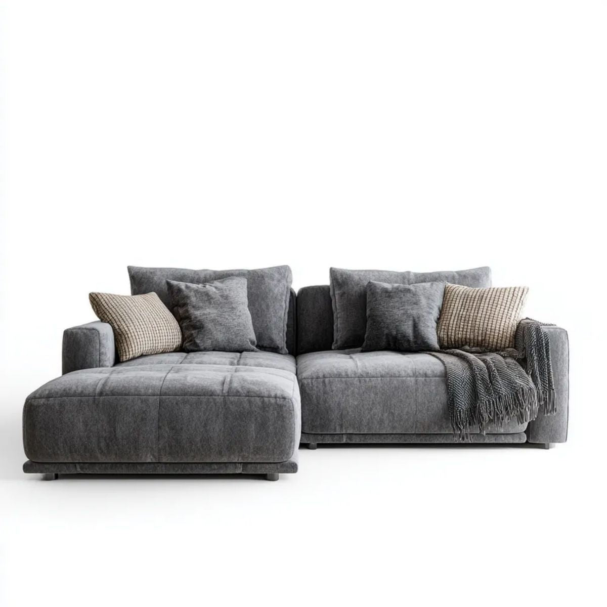 Sofa, 4-osobowa sofa z szezlongiem lewym szarym poliestrem, 270 x 170 x 85 cm