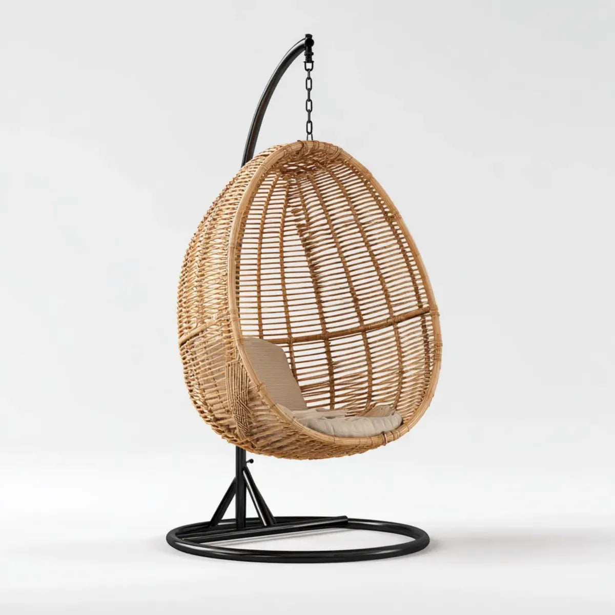 Hamak lub fotel wiszący, Krzesło zawieszone na piechotę w naturalnym beżowym rattanie z poduszką 95 x 105 x 195 cm