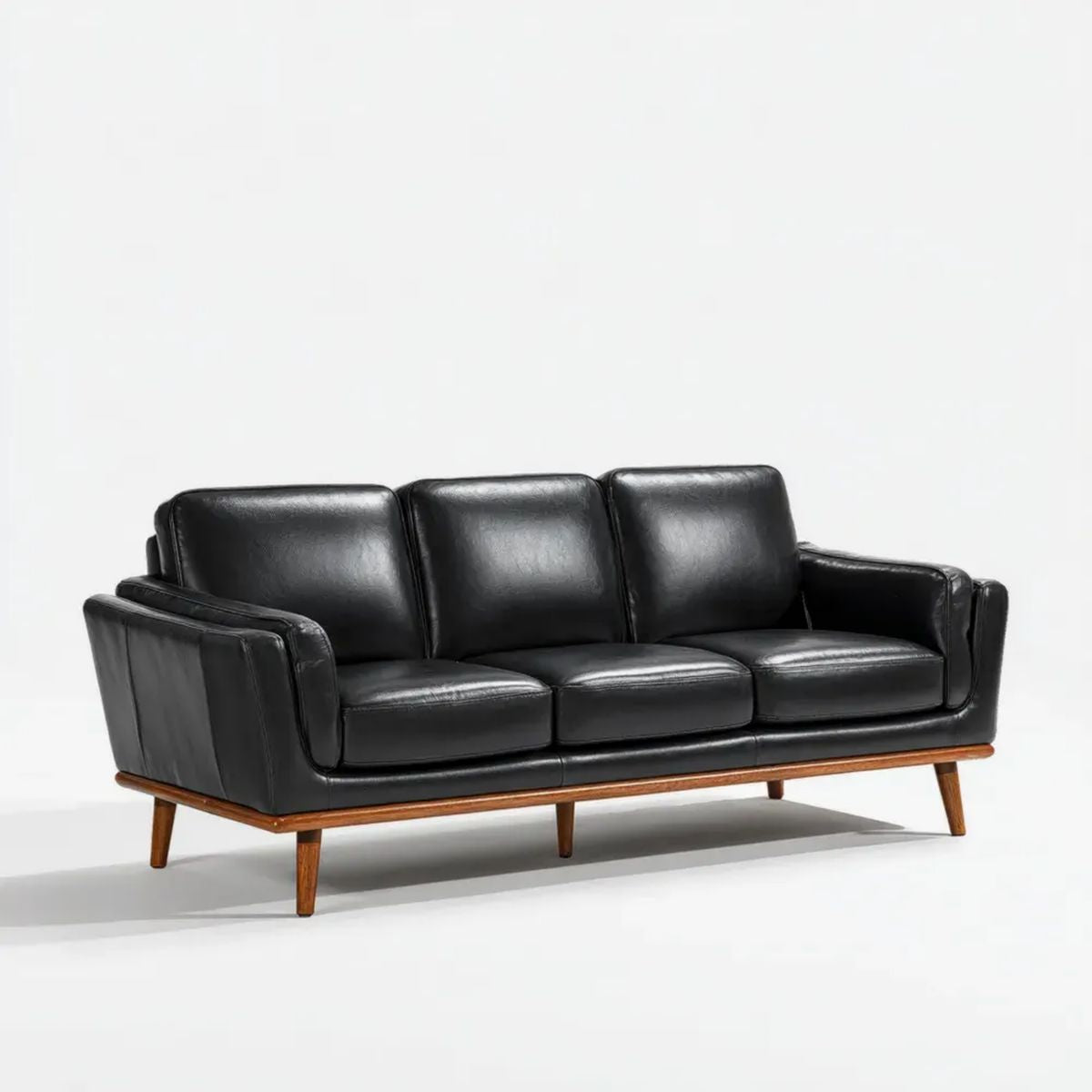Sofa, 3-osobowa czarny sofa ze skóry syntetycznej z drewnianymi nóżkami, 210 x 88 x 84 cm