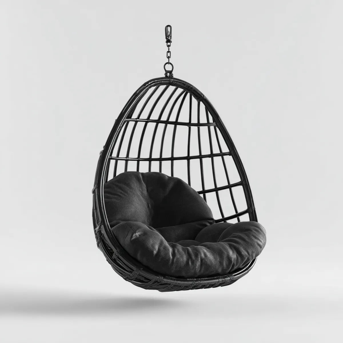 Hamak lub fotel wiszący, Czarne krzesło wiszące w rattanie PE i stali 105 x 75 x 120 cm z poduszką poliestrową