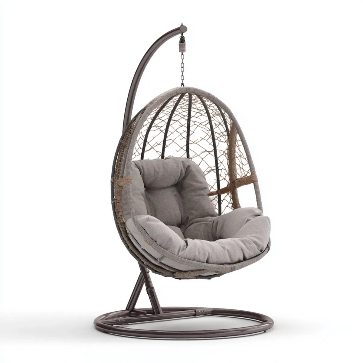 Hamak lub fotel wiszący, Wiszące fotel Taupe szare i ciemnobrązowe jajko w stali i żywica pleciona 105 x 105 x 195 cm
