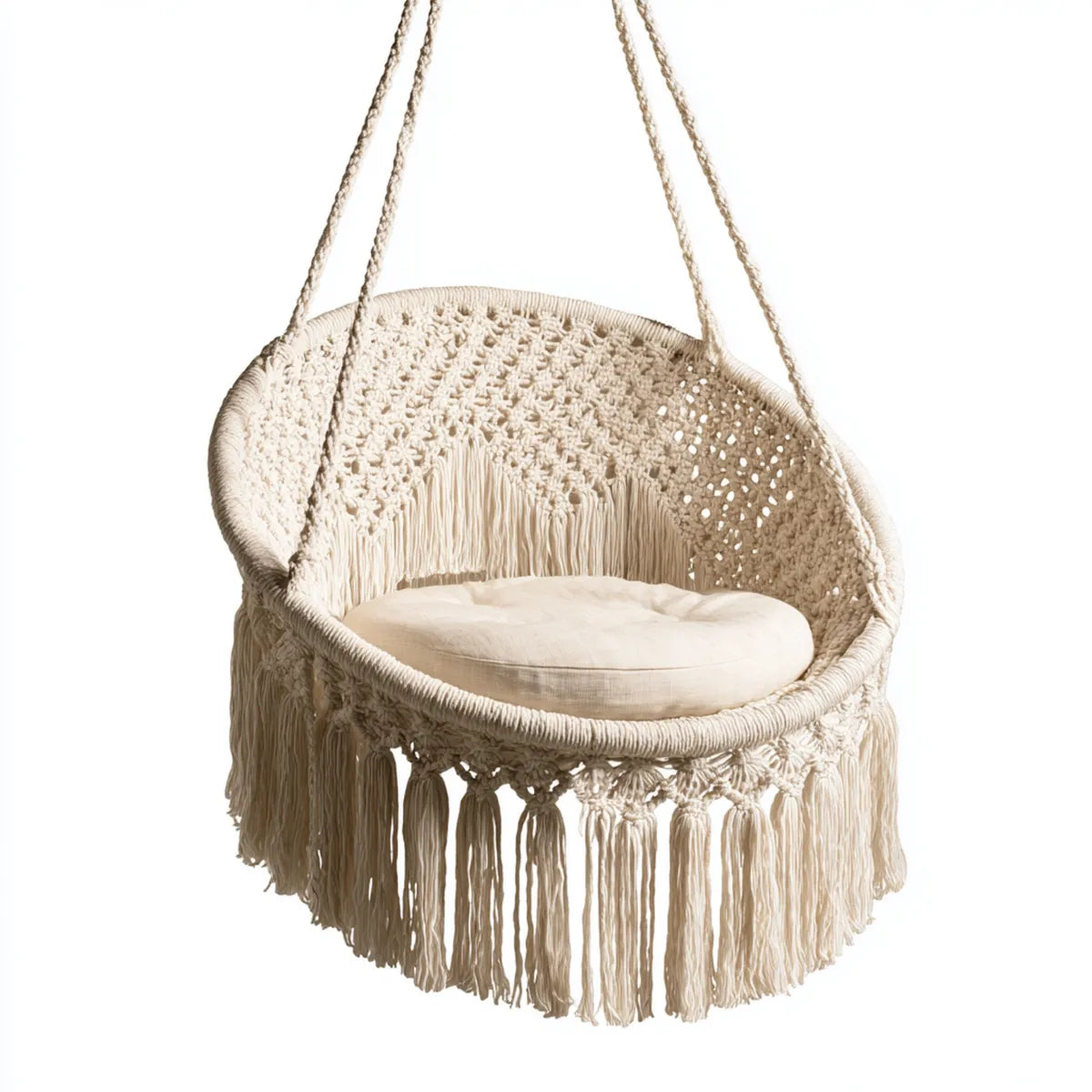 Hamak lub fotel wiszący, Wiszące krzesło w ecru macramé 80 x 80 x 120 cm bawełna