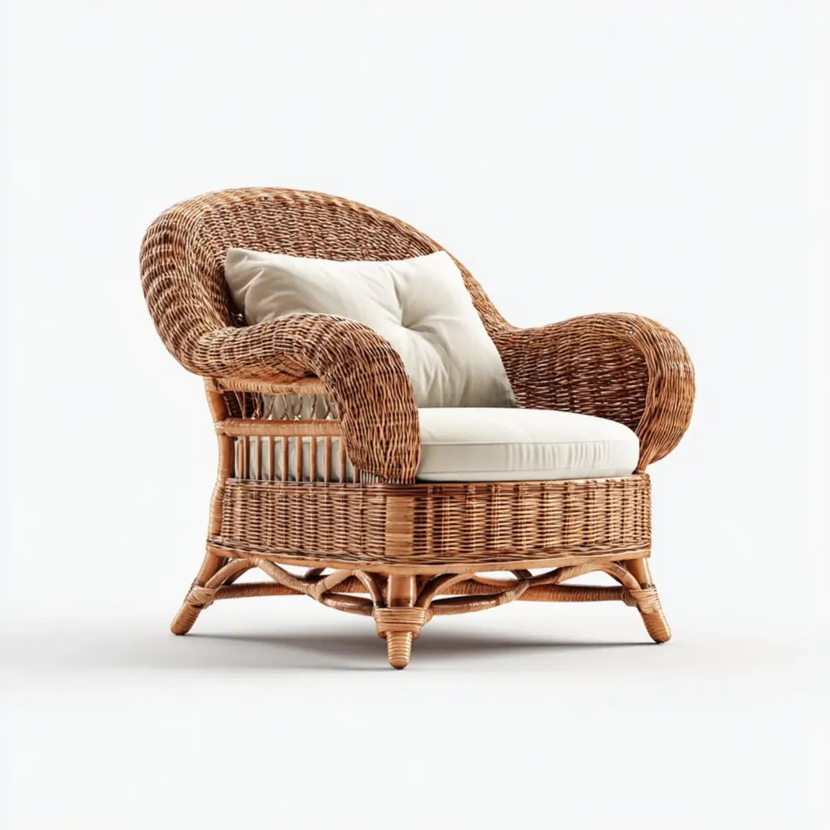 Fotel wypoczynkowy, Naturalny brązowy rattan ogród fotel z poduszek z kości słoniowej 90 x 85 x 95 cm