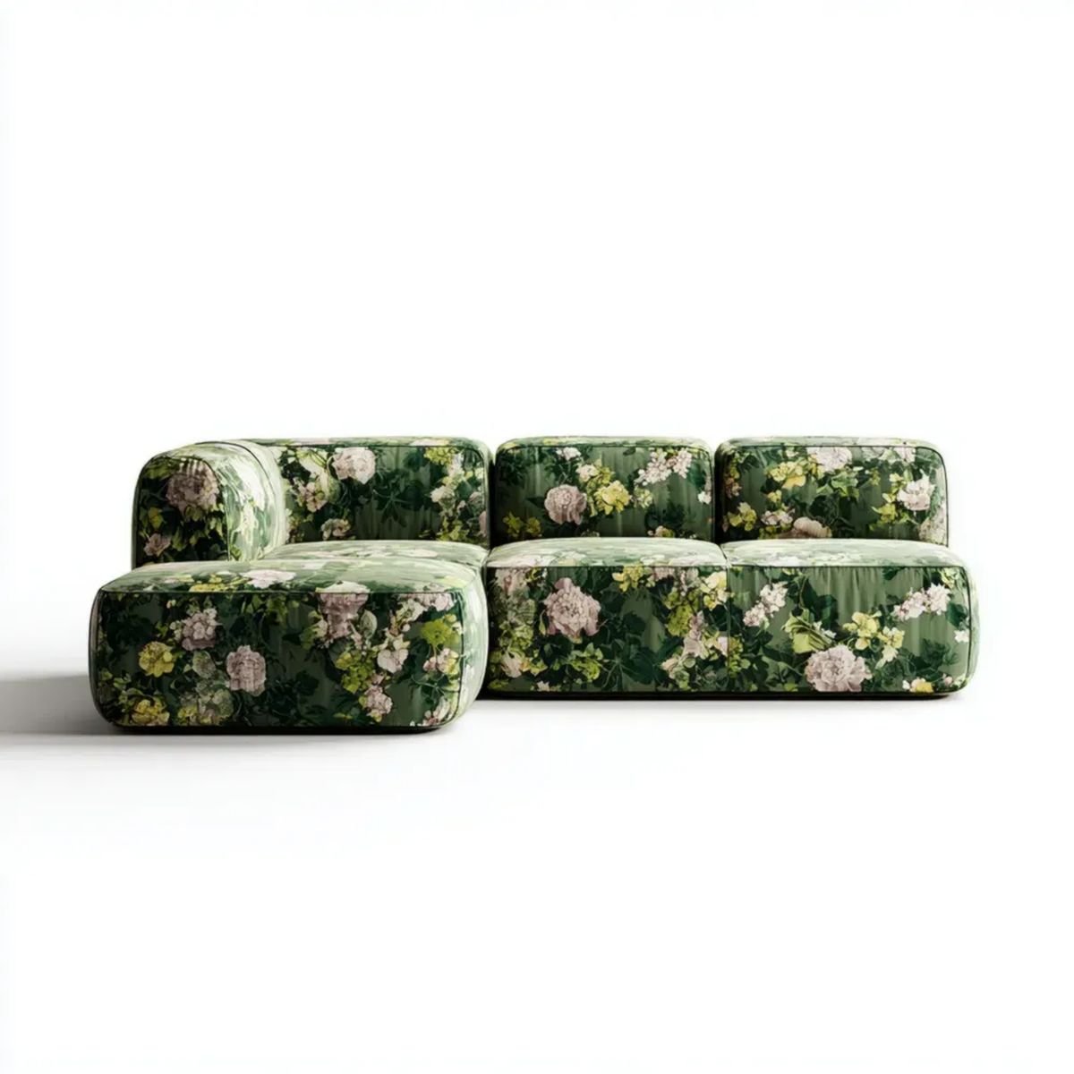 Sofa, 3-osobowa modułowy sofa w zielonym poliestrze z motywem kwiatowym, szezlong lewy, 270 x 170 x 72 cm