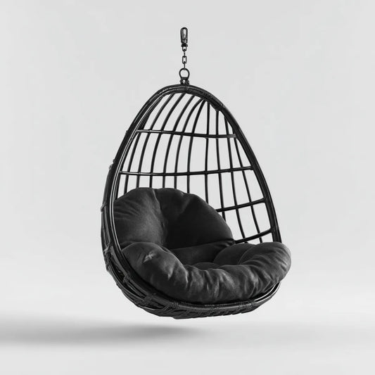 Hamak lub fotel wiszący, Czarne krzesło wiszące w rattanie PE i stali 105 x 75 x 120 cm z poduszką poliestrową