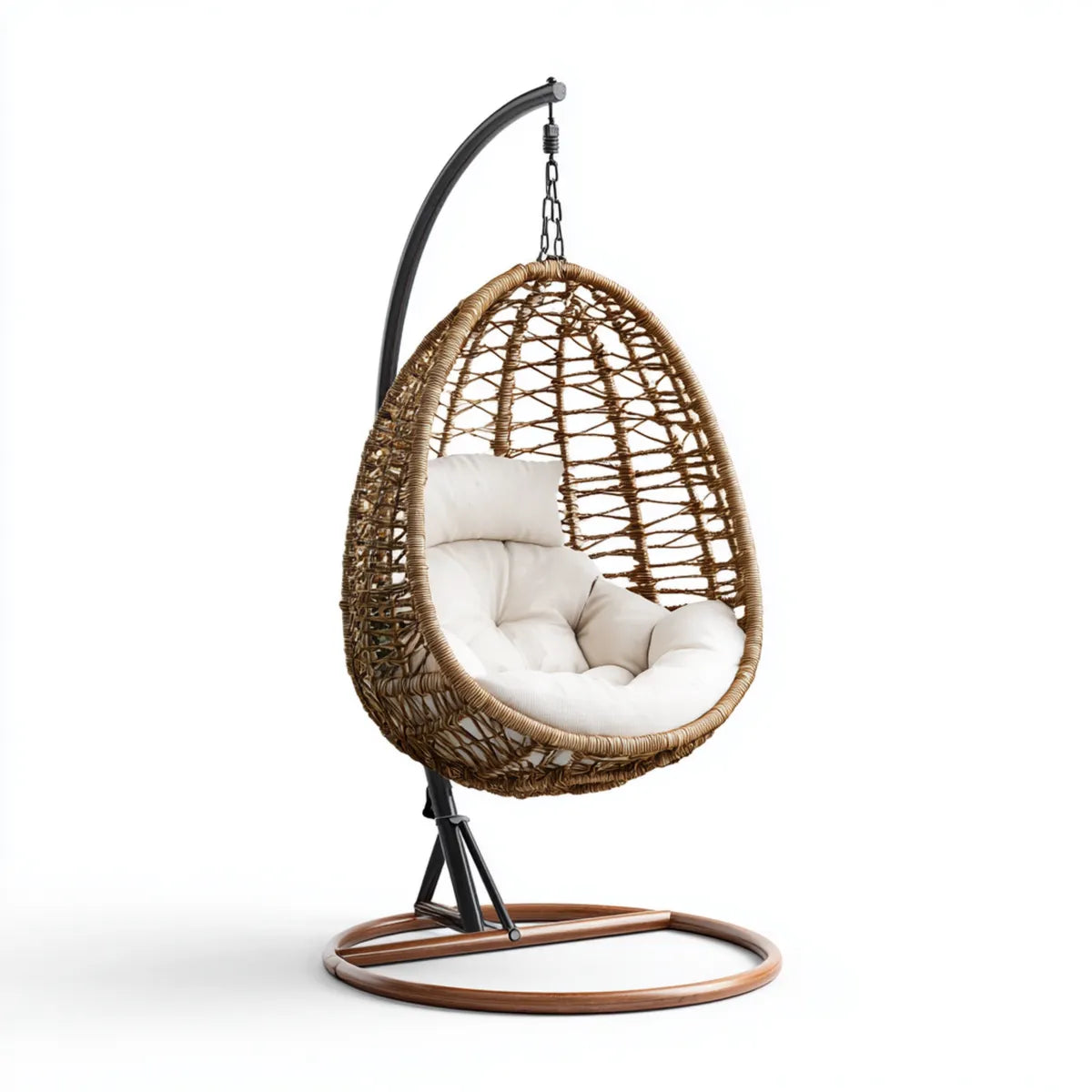 Hamak lub fotel wiszący, Wiszące jajka na stopach brązowy i beżowy syntetyczny rattan PE z poduszką 105 x 105 x 195 cm