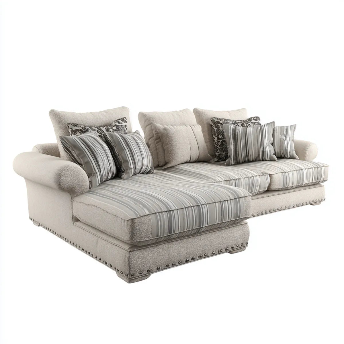 Sofa, Rożna sofa z lewym kremem szarym poliestrowym bookle paskiem 290 x 185 x 95 cm